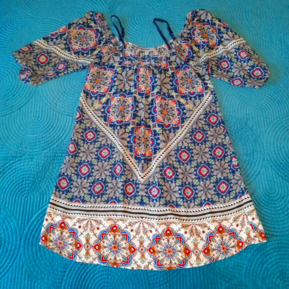 Bailey Blue Off The Shoulder Flare Sleeves Boho Blouse Blue/Floral Mandala Sz M
